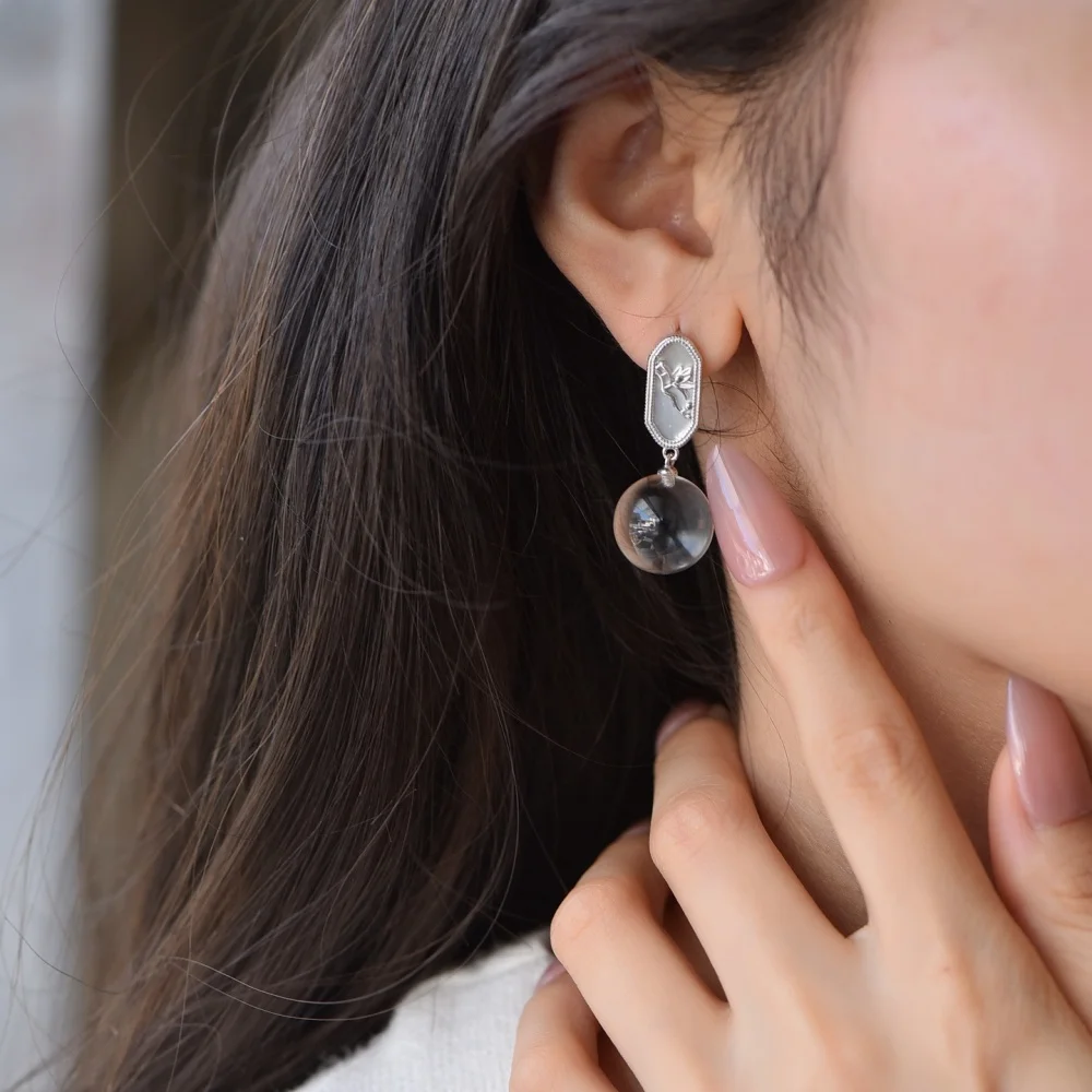 1 Pair Fengbaowu Natural Stone Rock Quartz Sphere Earring Ear Stud 925 Sterling Silver Flower Crystal Jewelry Gift For Women