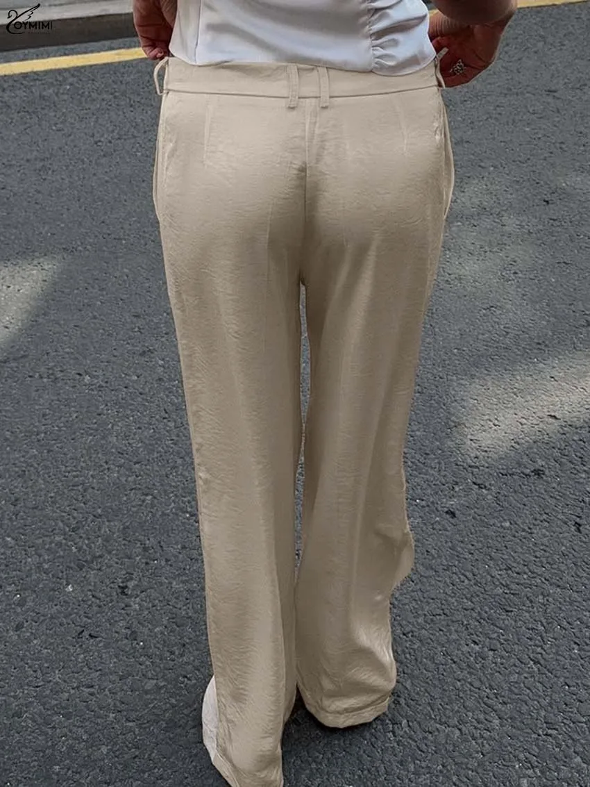 Oymimi Elegant Beige Pockets Women Pants Fashion Mid Waisted Solid Straight Trousers Casual Zipper Button Pants Female Clothing