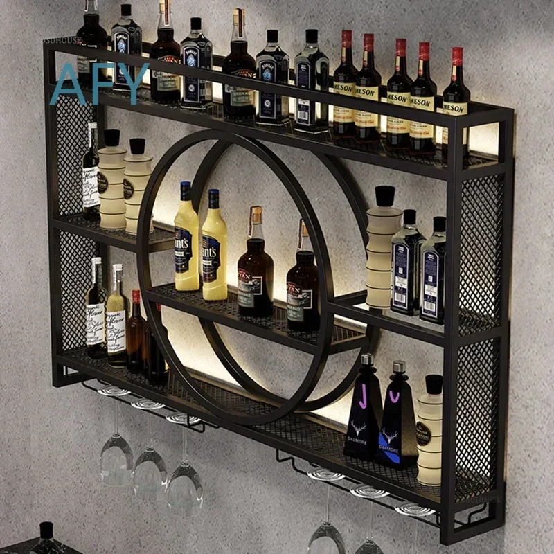 Simple Iron Wine Rack for Cafe Upside Down Wine Glass Wall Showcase Luminous Display Cabinet for Bar E for Wine Storage