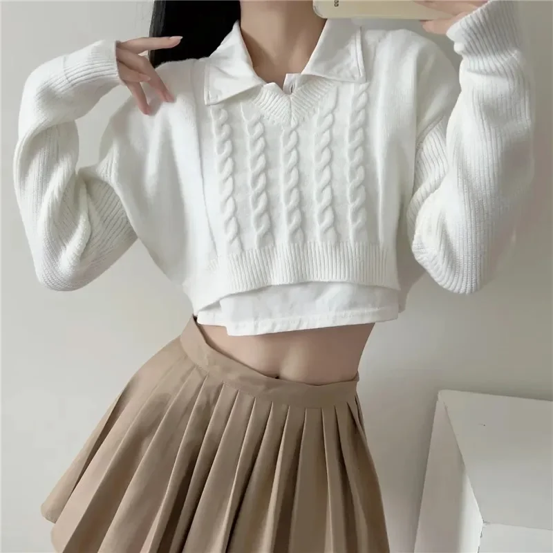 Women's Autumn Korean Fashion Short Pullover Sweater Loose V-neck Solid Color Navel Exposed Casual Long-sleeved Knit Top Y2k