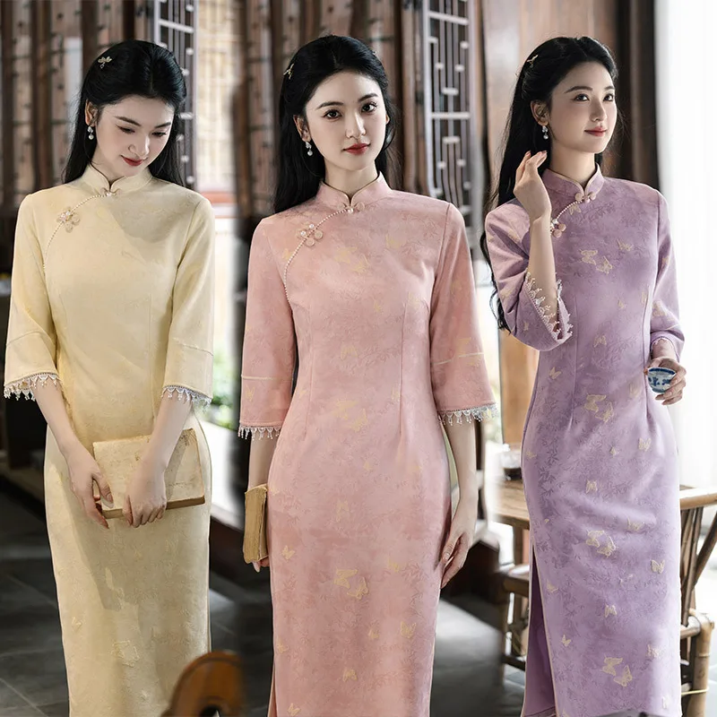 

Chinese Style Qipao Sexy Women Plus Size Cheongsam Vintage Classic Chinese Dress Jacquard Long Vestidos Purple Oriental Gown