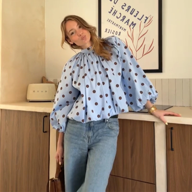 

2026 Elegant Retro Polka Dot Lace Up Blouse Women Long Lantern Sleeve Backless Loose Pleated Casual Daily Shirt Top Workwear