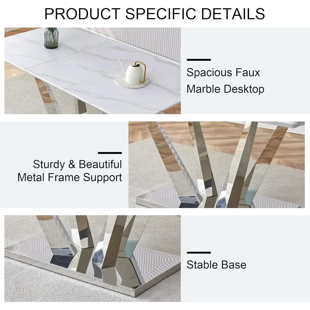 Ensemble de table à manger en marbre avec chaises, base en acier inoxydable, table à manger, 4 tables, 5 pièces