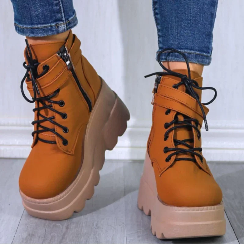 2023 New Spring Autumn Fashion Platform Wedge Boots Ankle Women Punk Style Round Toe Cross Tied Women\'s Boots Botines De Muj