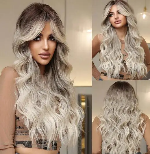 

Fashion Butterfly Haircut 26 Inch Brown Gradation White Gold Curly Wavy Hair Wigs Synthetic Middle Part Hair Wigs For Women