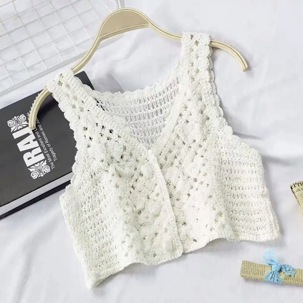 New Fashion French Women's Sleeveless Knitted Vest Crochet Hollow Short Vest Pure Color Tops Cardigan