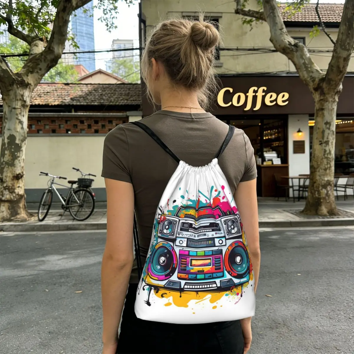 Color Graffiti Radio Backpacks Casual Drawstring Bundle Pocket Sports Bag Book Bags for Travel School