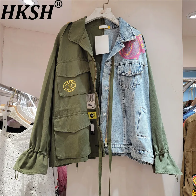 

HKSH Spring Autumn New Women Denim Jacket Multi-pocket Contrast Color Patchwork Zipper Fashion Versatile Coat Ins Trendy HK11815