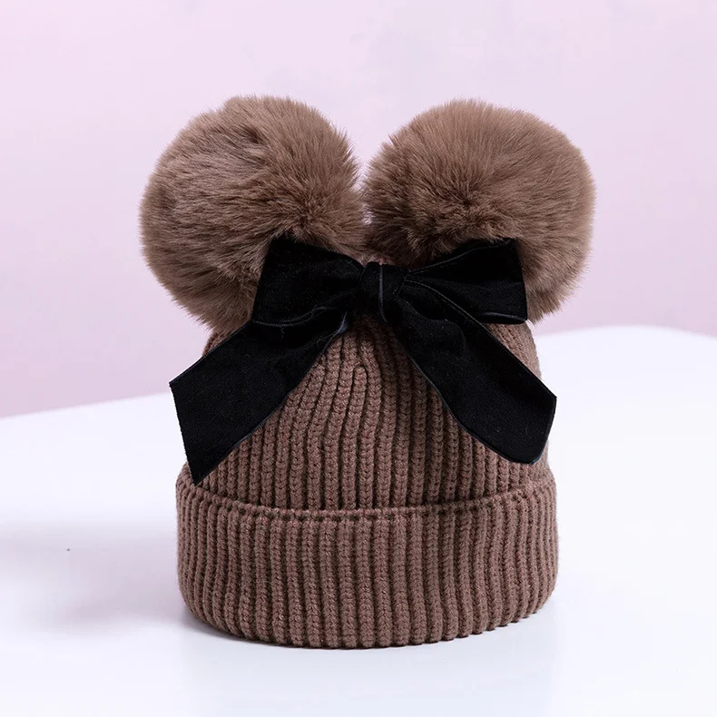 Velvet Ball D2 Knitted Wool Children's Round Warm Small Hat Winter 405 Baby Double Bow