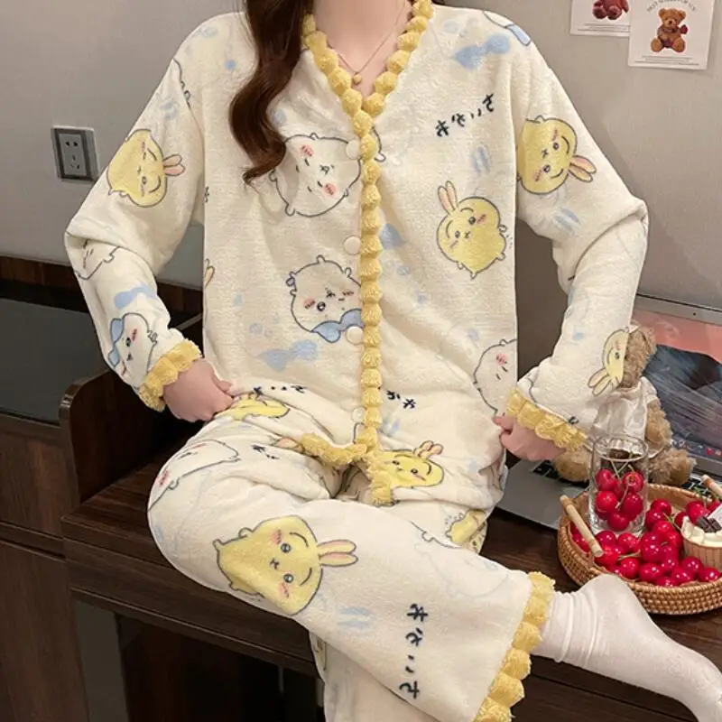 

Women's Chiikawa Hachiware Coral Fleece Pajama Set Kawaii Cartoon Button Sleepwear Plush Loungewear Warm Nightwear Two-Piece