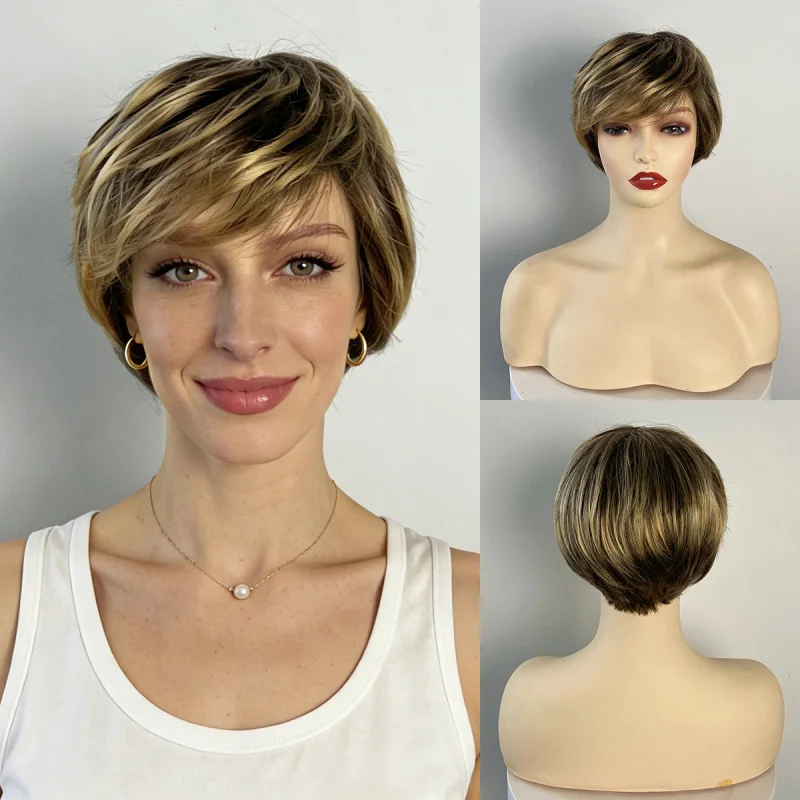 

European American style short synthetic wig with side bangs, golden-brown highlights, and textured hair