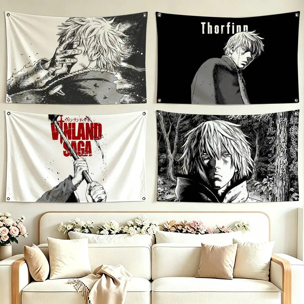 Anime Black V-Vinland Saga  Flags for Bedrooms Home Decor Items Outdoor Decors Garage Decoration Flaga
