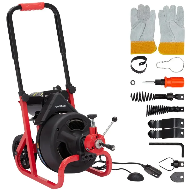 

100Ft x 3/8 In Drain Cleaner Machine, Pioneer Works Sewer Snake Machine Auto Feed,Drain Auger Cleaner with 6 Cutters,Foot Switch