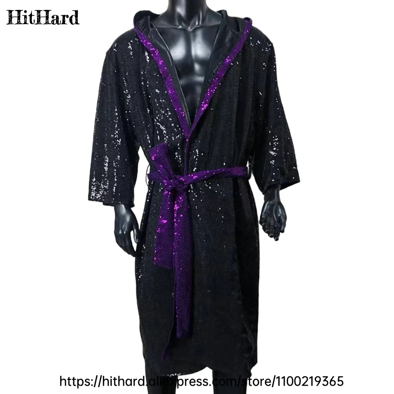 Kickboxing Gown Black Purple Sequins Muay Thai Robe Boxing Party Costume Robe Hooded Fight Gown for Cosplay Boxing Match Event