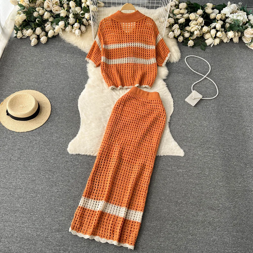 Women Holiday VacationSuits Hollow Out Knit Turn-down Collar Short Sleeve Loose Shirt + Elastic Waist Split Skirt Two-piece Set