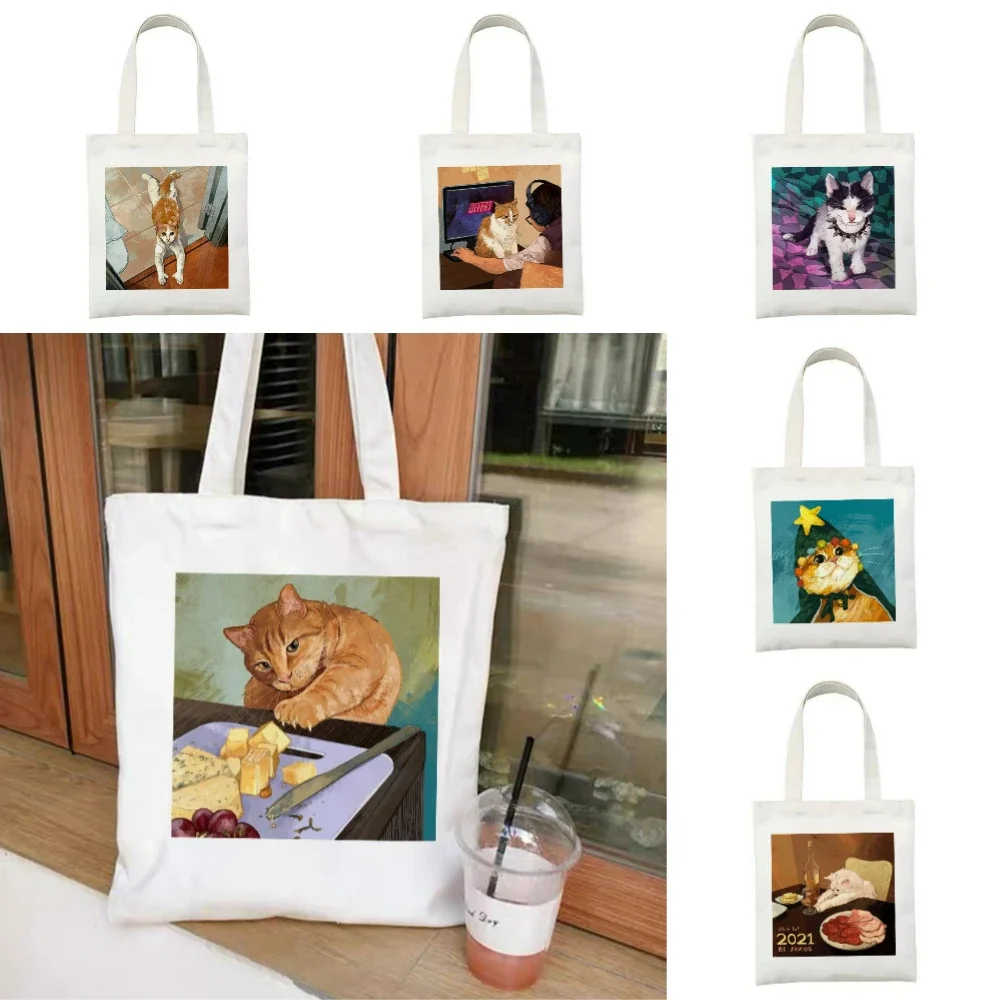

1 шт. Очаровательная холщовая сумка-шоппер с принтом масляной живописи с изображением кошки, многоразовая, экологичная, для работы, путешествий, йоги и повседневных дел