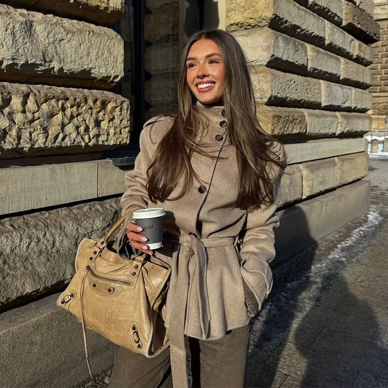  Women's Woolen Coat Button Decoration Mid Length Wool Blends Coat Woman Lace Up Overcoats Office Lady Elegant Outerwears Tops