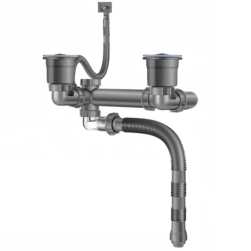 ABFS Double Sink Drain Kit Space Saving Kitchen Sink Drain Kit Expandable Flexible 1 1/2In P-Trap Pipe 3-1/2 Inch Sink Drain