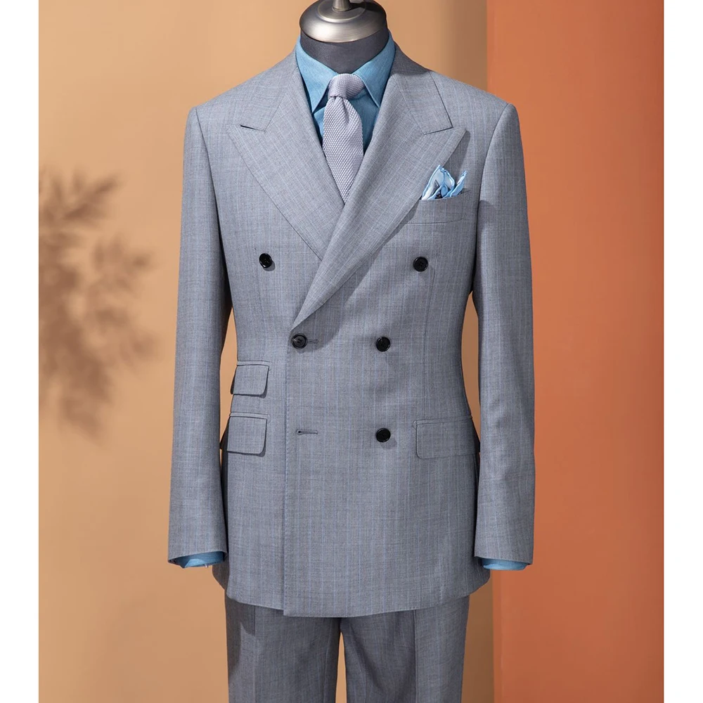 Simple Light Gray Men's BlUE PinStripes Suit 2 Piece Set Double-Breasted Peak Lapel Slim Fit Casual Office Male(Jacket+Pants)