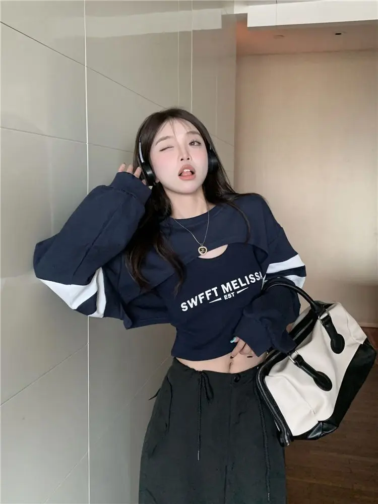 Sets Women Cropped Sweatshirts Long Sleeve Tanks Tops Letter Slim Sexy High Street Harajuku Ulzzang All-match Autumn Outfits New