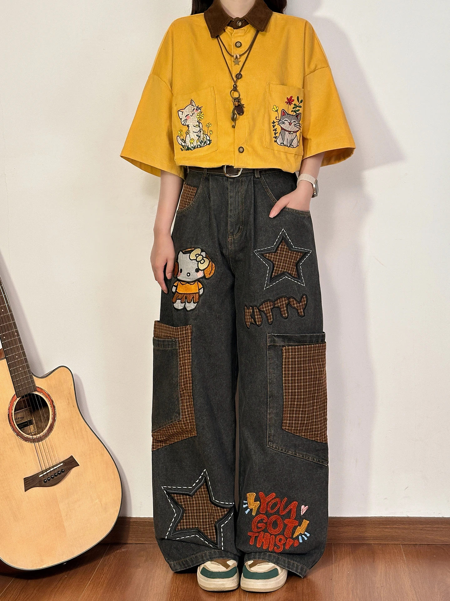 

Retro American Plaid Cartoon Embroidered Loose Wide Leg Jeans Women's New Sle Versatile Casual Cotton Denim Trousers