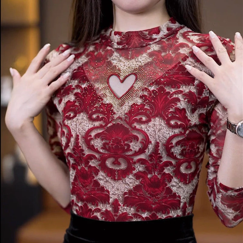 Women Clothing Korean Fashion Sexy Mesh Rhinestone Velvet Thick Warm Basic T-shirt Ladies Vintage Elegant Long Sleeve Slim Tops