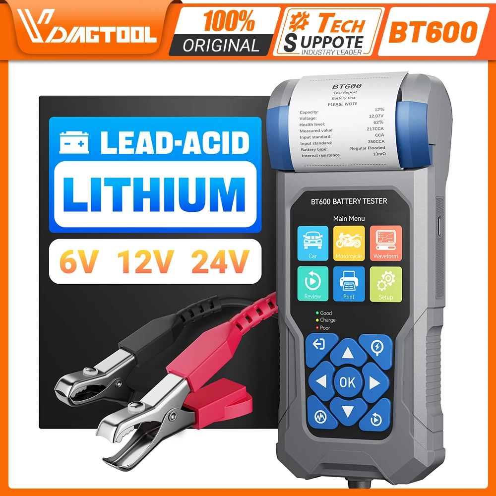 VDIAGTOOL BT600 Car Battery Tester 5-3000CCA Battery Test SOH SOC Ripple Analysis Built-in Printer Car Lithium Battery Tool