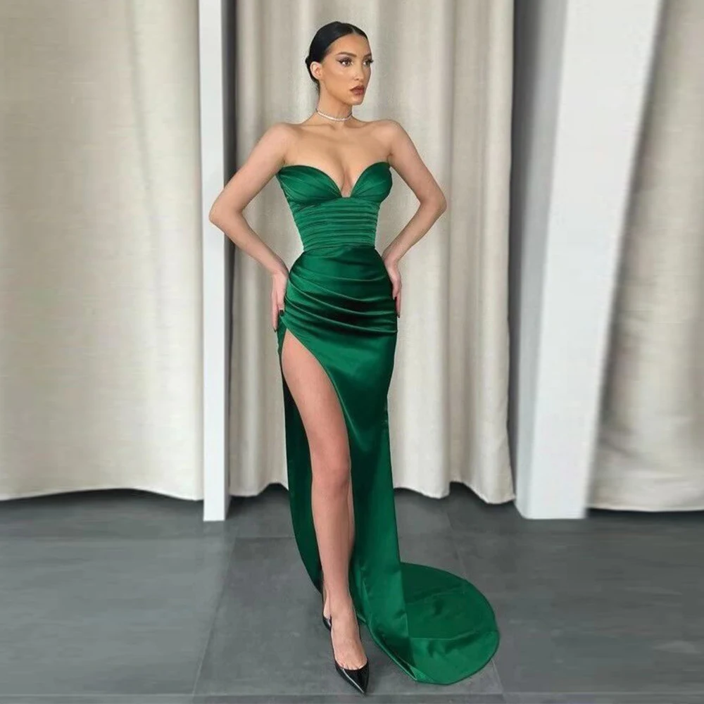 

Evening Dress Elegant Green Satin Pleat Side Fork Graduation Sheath Sweetheart Long Dresses Elegant Party Dresses Woman