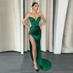 Elegant Evening Dress Green Satin Pleat Side Split Graduation Prom Gowns Long Sheath Sweetheart Sexy Party Dresses for Women