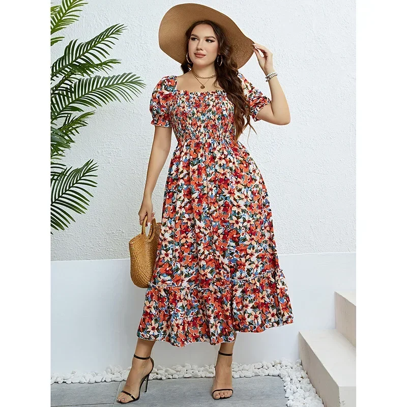 

Oversized Women Clothing Puff Sleeve Floral Maxi Dress Square Collar A Line Robe Summer 2024 Korean Boho Midi Elegant Dresses