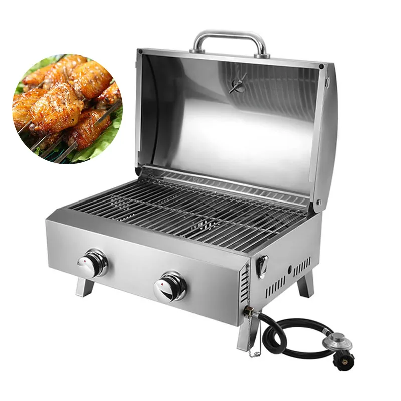 Portable Camping Stainless Steel Tabletop 2 Burners BBQ Gas Grill For Outdoor Cooking Patio Garden BBQ Picnic