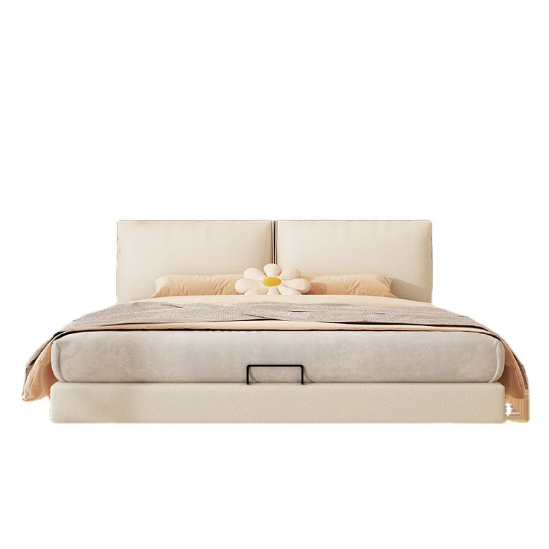 

Induction light strip light luxury double wedding bed tofu block Italian minimalist flush edge leather bed