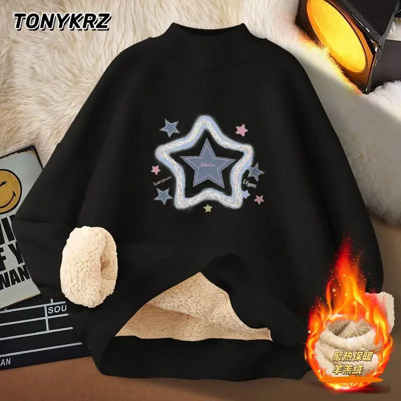 Moletom com capuz de lã de cordeiro com estampa de estrelas para mulheres com gola semi alta e blusa quente