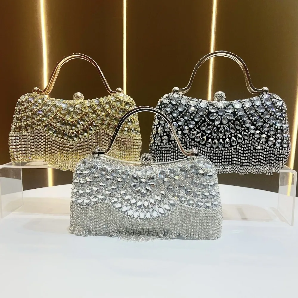 

Formal Tassel Evening Clutch Purse with Diamond Chain Clutch Bag Square Sparkling Handbag Women