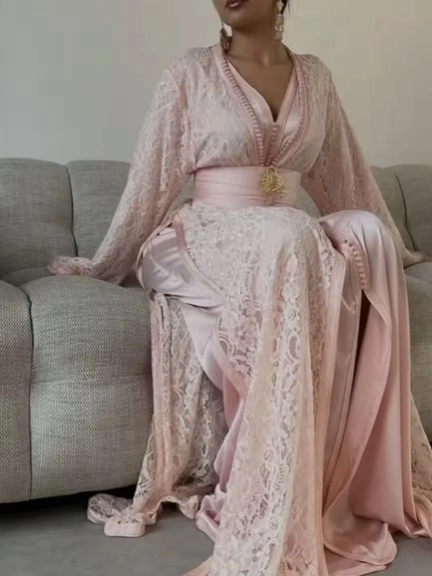 Rosa Marokkanischer Kaftan Muslimische Abendkleider A-Linie Lange Ärmel Spitze Dubai Saudi-Arabisch Abaya Islamisches Kleid Maßanfertigung