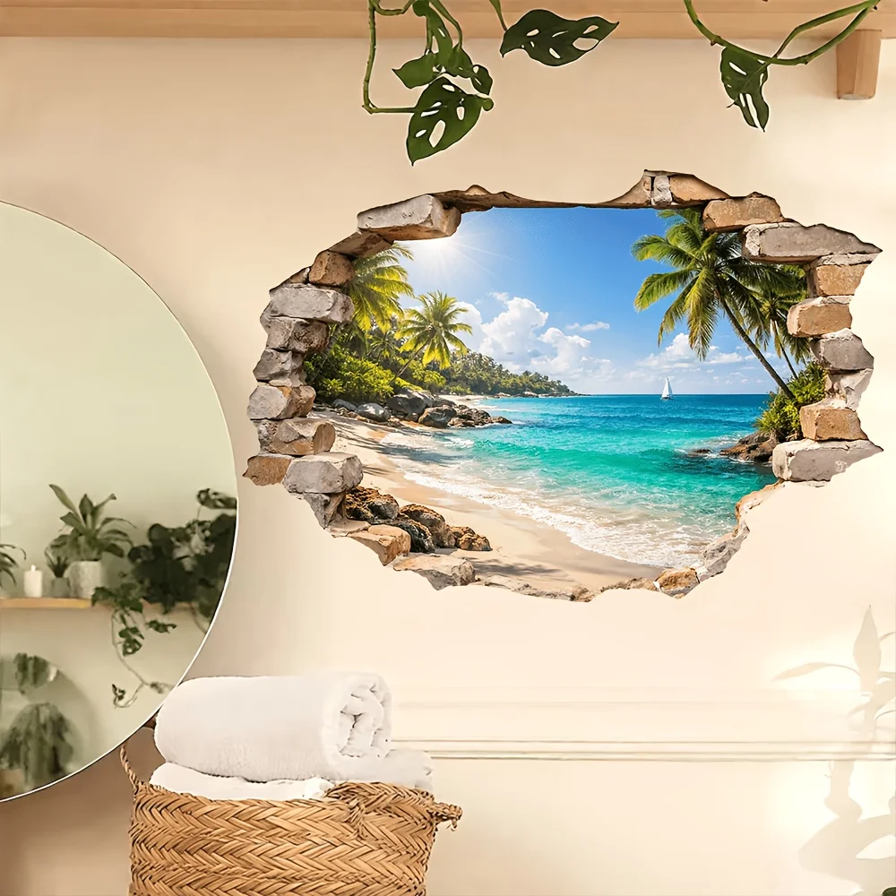 1pc Cracked Wall Tropical Beach Themed Wall Decals, suitable for decorating bedrooms, living rooms,study rooms, a creative gift