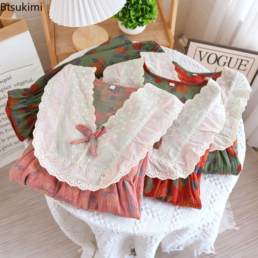 Women's Spring Autumn New Cotton Jacquard Double Layer Cotton Yarn Color Weaving Lace V-neck Loose Sleepwear Home Clothing Set
