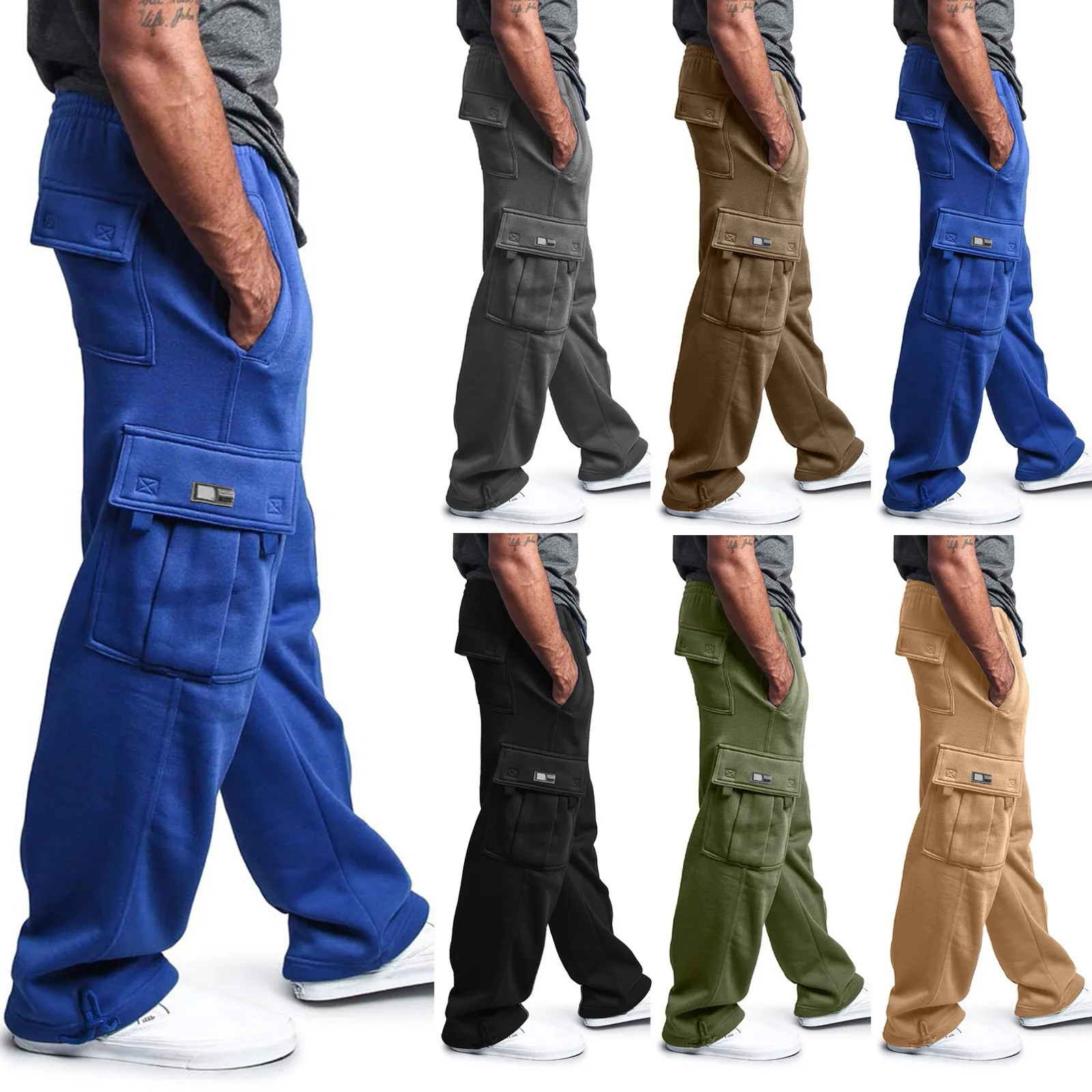 

Male Solid Color Drawstring Elastic Waisted Multiple Pocket Casual Work Pants Loose High Waist Casual Outdoor Sports Trousers