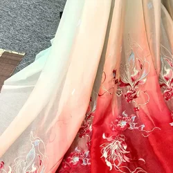150X100Cm Gradient Color Carp Lotus Embroidery Chiffon Fabric Chinese Hanfu Sewing Costume Shirts Doll Clothing Supplies New