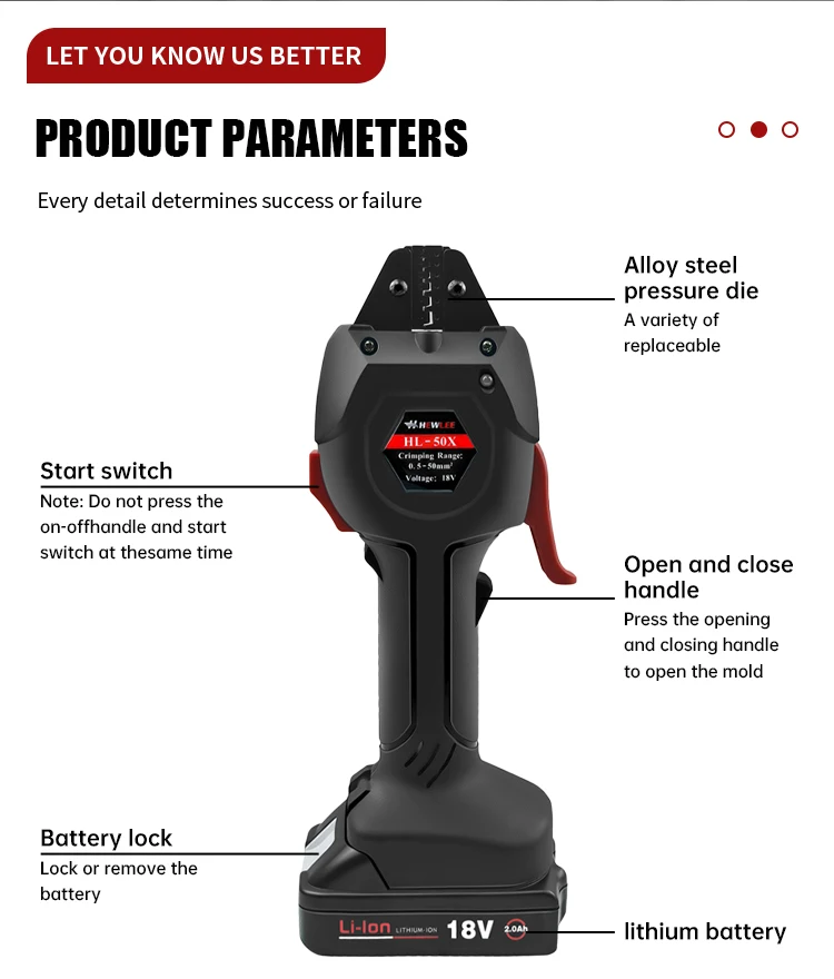 For HL-50X 18V Hydraulic Crimping Tool Electric Terminal Crimper 16KN Output Force DC2.0Ah Li-ion Battery 0.5-10mm2