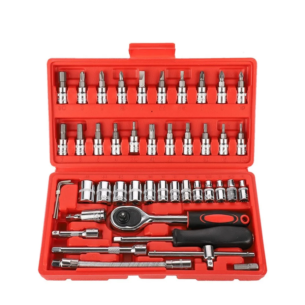46pcs Car Repair Tool Set with 1/4 Inch Socket Ratchet Torque Wrench and Complete For combo Tools Kit for Vehicle Servicing