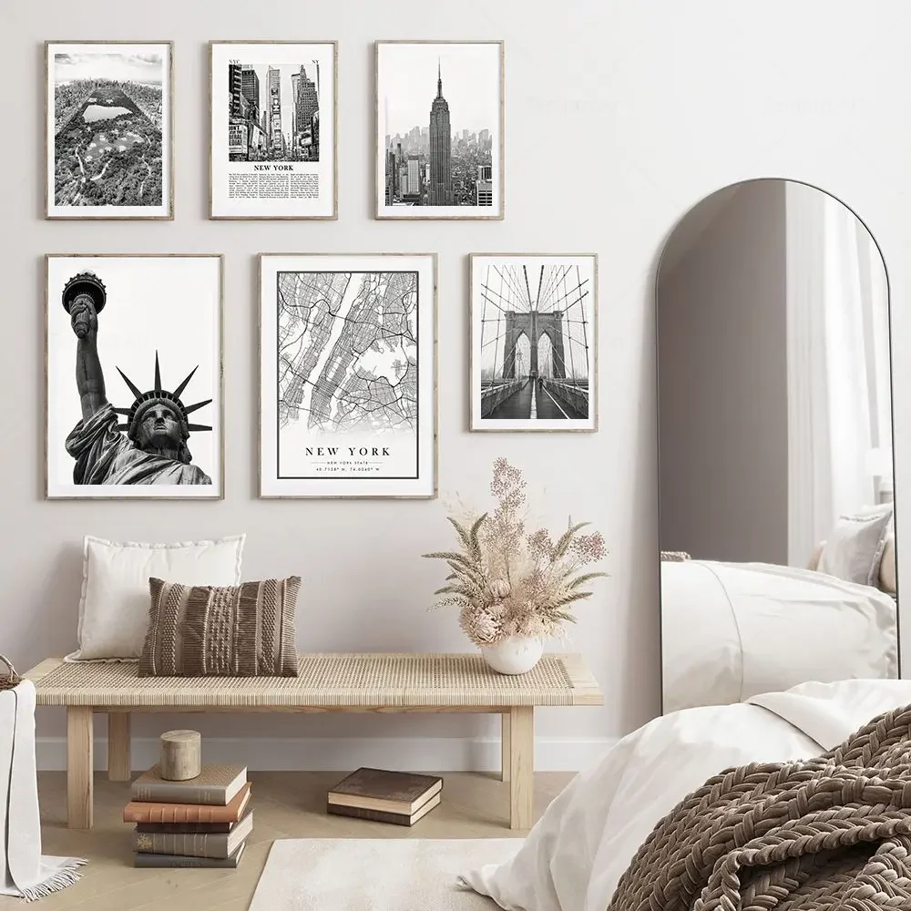 Modern Retro Wall Art Black and White New York City Map Landscape HD Canvas Print Poster Home Living Room Bedroom Decoration