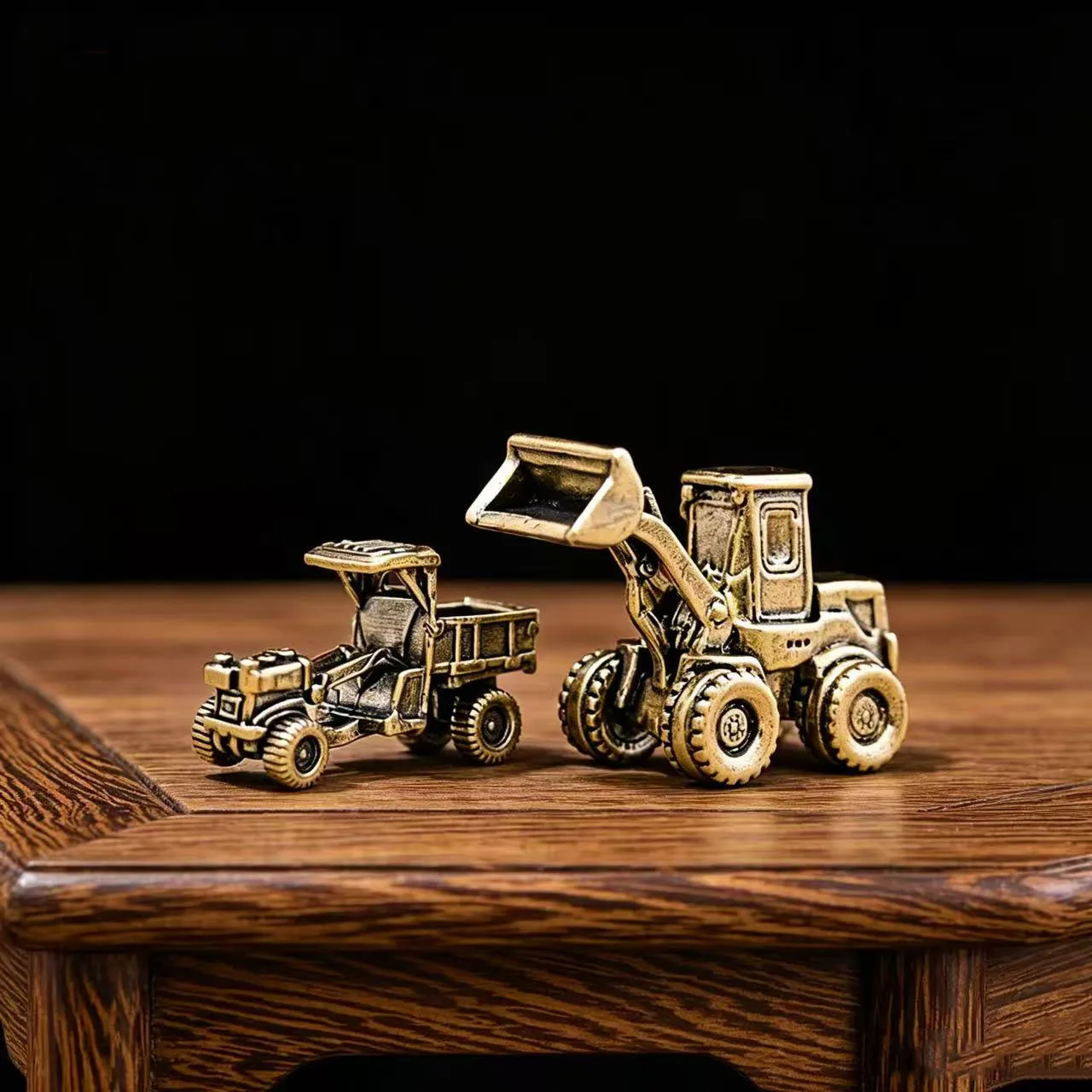 2pcsVintage Brass Mini Construction Truck Set Metal Bulldozer Dumper Miniature Figurine Desktop Ornament Collectible Gift