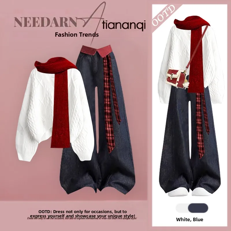 

Winter Knitted Sweater And Jeans Two-Piece Set Soft Sle Milk Series Twist Knitwear Trendy Streetwear Fem Faion Ensemble