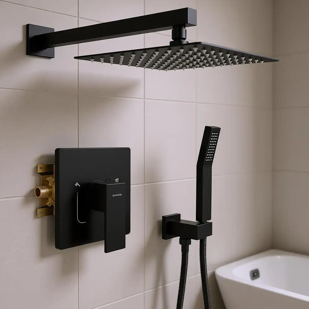 

10 Inch Matte Black Wall-Mounted Rain Shower System with Handle