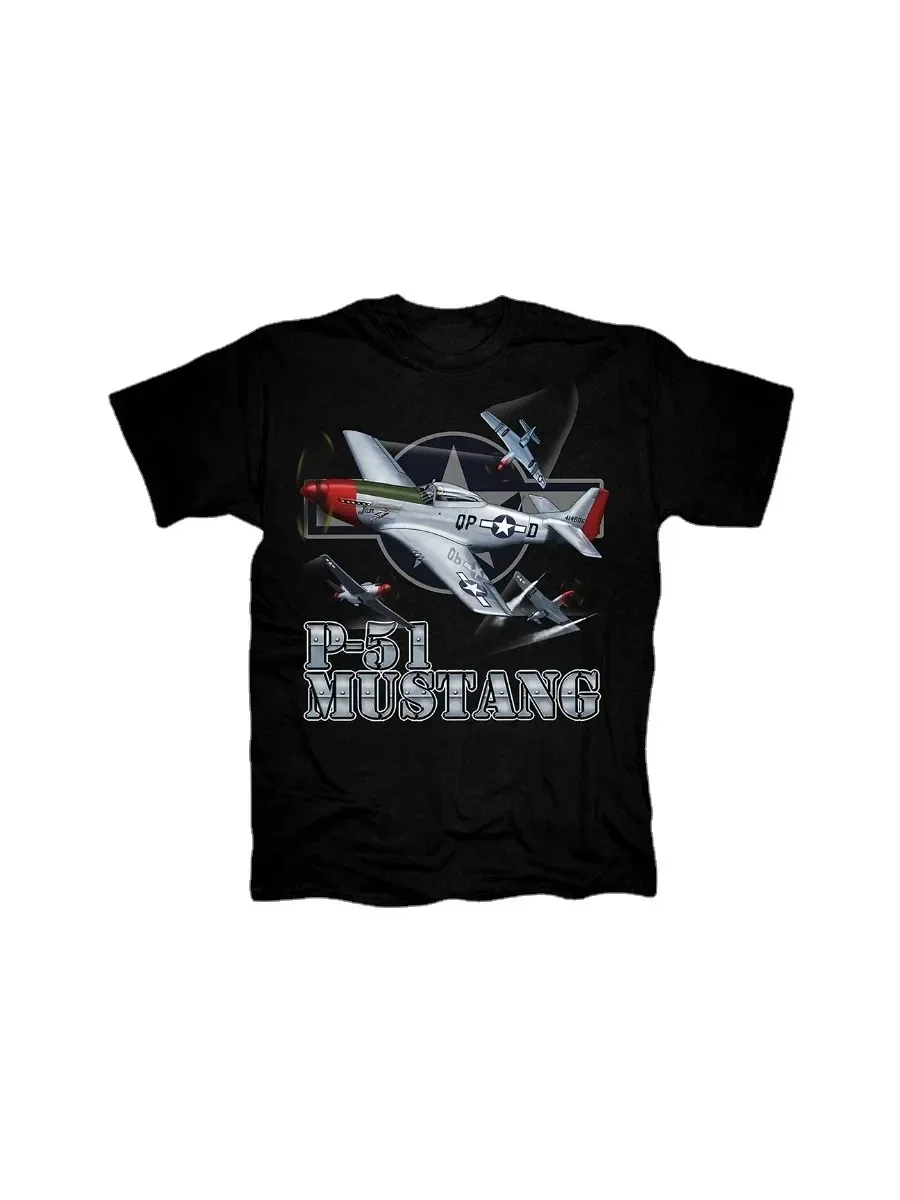 P-51 Mustang Aircraft 1940's WW2 Fighter Plane Men's T-Shirt P51 Air Combat Scene Printed Cotton Round Neck Short Sleeve T Shirt