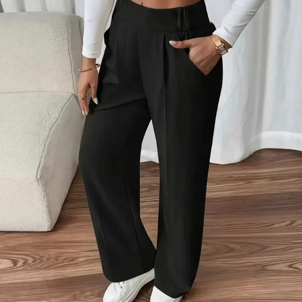 Women Solid Elegant French Style Straight Leg Office Pants Fashion Pocket Elastic Waist Slight Stretch Breathable Flattering