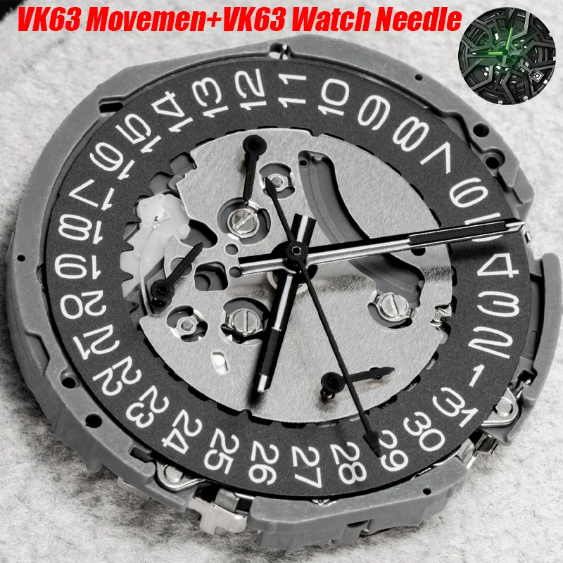 2027 VK63 VK63A Movement Black/White 3H Date/Disc Wheel Version with VK63 Watch Hands Luminous 6-Hands Watch Needle Accessories