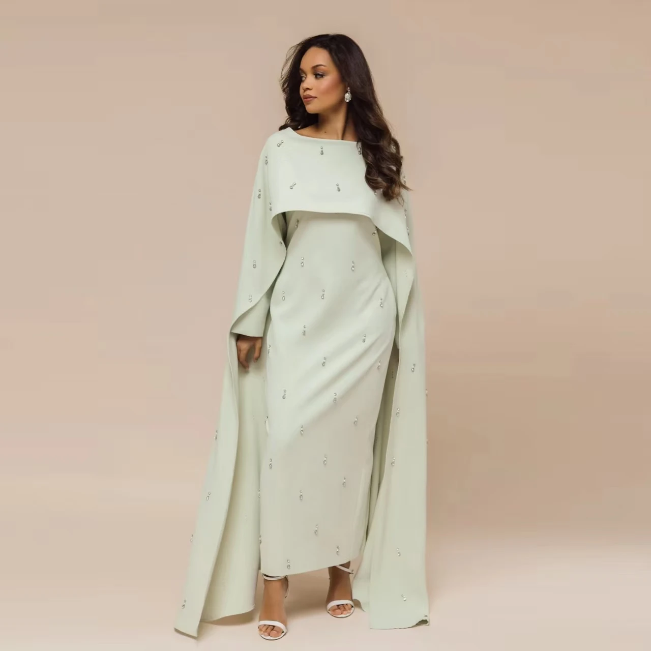 Faionable pure kleur kralen gewaad en Dr set Midden-Oosten nieuwe Sle lange Sve Midi Dr tweedelige set voor dames