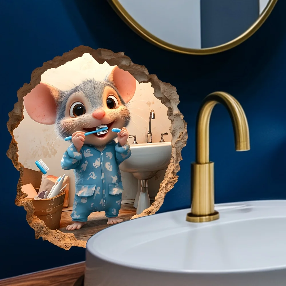 1 قطعة ملصق حائط مضحك ماوس تطل من خلال الفتحة - ديكور حمام غريب الأطوار، ملصق PVC ذاتي اللصق وقابل للإزالة للأسطح #3